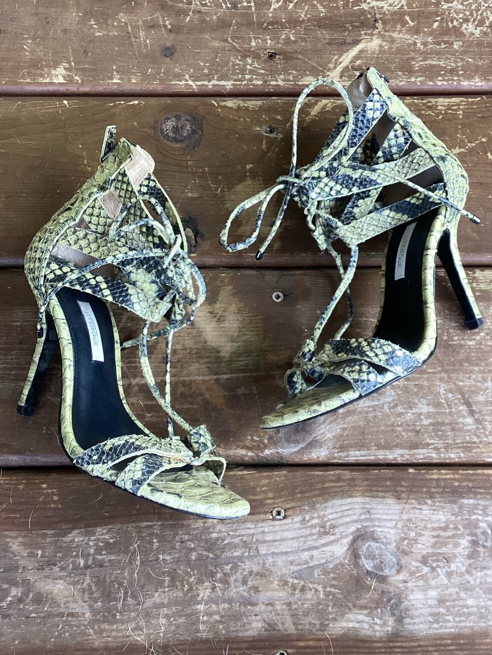 Y2K Uterque Green Snake Print Strappy Ankle Cut Out Designer High Heel Shoes 38